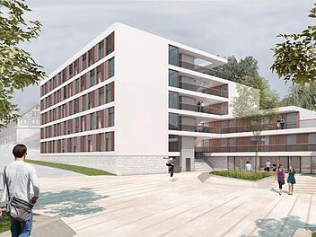 Die Simulation zeigt die Perspektive vom Hofbrauhaus aus: Das Studentenwohnheim schließt direkt an die frühere Braumeistervilla an.  Repro: a+p Architekten