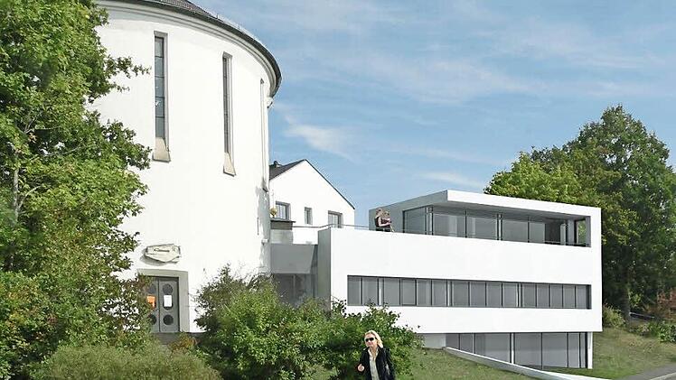 So soll das Gemeindehaus neben der Auferstehungskirche in der Blaich aussehen, wenn es mal fertig ist. Der Entwurf von Architekt Matthias Schmidt sieht vor, dass das neue Gebäude mit der Kirche direkt verbunden sein wird.  Entwurf: Architekturbüro Schmidt