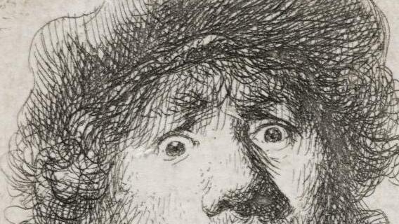 Rembrandt Harmensz. van Rijn (1606 - 1669): Selbstbildnis mit aufgerissenen Augen.