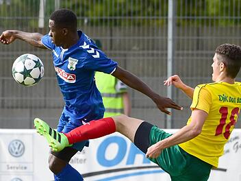 Angreifer Jean-Bosco Makengo (links) durfte gegen die DJK Don Bosco Bamberg mit Marco Schmidt erstmals von Anfang an f&uuml;r die Grabfeld-Gallier ran. Er hatte in der zweiten Minute die F&uuml;hrung auf dem Fu&szlig;.  Foto: Anand Anders