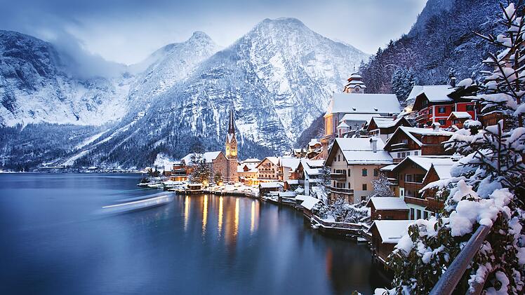 Winter View of Hallstatt, traditional austrian wood village, UNESCO world culture heritage site.