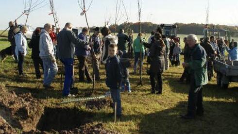Über 30 Weisbrunner Familien trafen sich am Samstag am Aicher Weg, um mit ihren Bäumen eine neue Streuobstwiese zu bepflanzen.  Fotos: sw