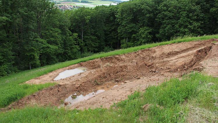 Plötzlich war aus Richtung Heubach (im Hintergrund) wieder ein brauner Fleck auf dem Losberg erkennbar: Vermutlich nach starken Regenfällen lösten sich rund 450 Kubikmeter Erdreich, das den südwestlichen Bereich der einstige Mülldeponie abdeckte. Ansonsten ist war die künstliche Lichtung durch Ansaat bzw. Anflug von Samen als Bienenweide und Äsungsfläche längst wieder begrünt gewesen. Foto: Ralf Kestel