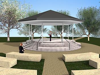 So soll der neue Pavillon im Bad Bockleter Kurpark aussehen. Er bekommt ein steinernes Fundament.   Animation: Architekturbüro Stefan Kirchner