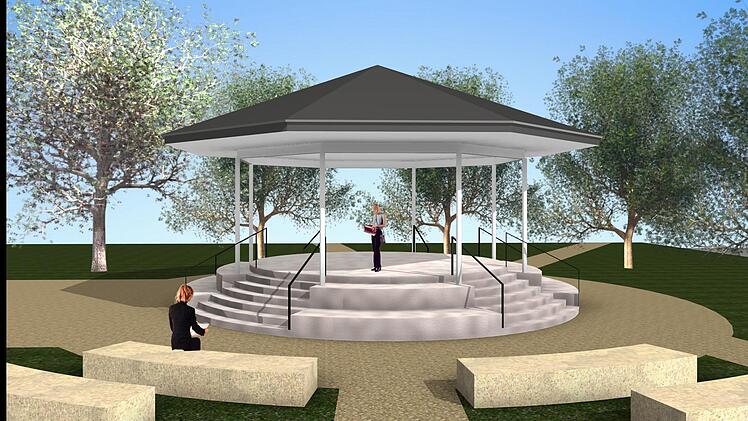 So soll der neue Pavillon im Bad Bockleter Kurpark aussehen. Er bekommt ein steinernes Fundament.   Animation: Architekturbüro Stefan Kirchner