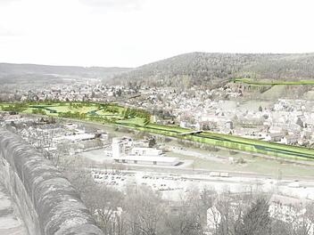 Die grün markierten Bereiche werden in den nächsten beiden Jahren Baustelle sein. Entlang der Flutmulde wird der Deich gesichert und die Auenlandschaft neu gestaltet. Oberhalb, am Pörbitscher Hang, entsteht eine Ablaufrinne, die bei starkem Regen das Wasser von den Wohngebieten fernhalten soll. Foto: Visualsierung Wasseerwirtschaftsamt