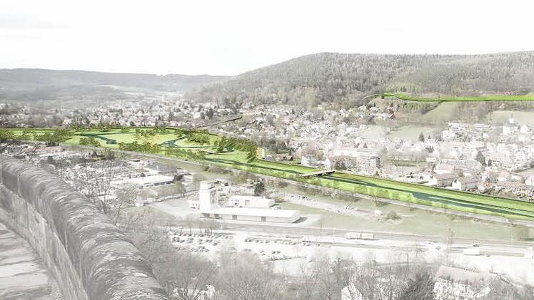 Die grün markierten Bereiche werden in den nächsten beiden Jahren Baustelle sein. Entlang der Flutmulde wird der Deich gesichert und die Auenlandschaft neu gestaltet. Oberhalb, am Pörbitscher Hang, entsteht eine Ablaufrinne, die bei starkem Regen das Wasser von den Wohngebieten fernhalten soll. Foto: Visualsierung Wasseerwirtschaftsamt