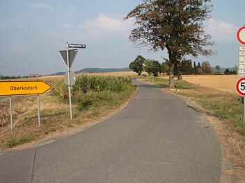 Die Mangersreuther Straße führt mitten durchs geplante neue Gewerbegebiet. Hinter der kleinen Baumgruppe im Bildhintergrund wohnt die Familie Mohr. Würde das Gebiet abgespeckt, bliebe zumindest der Bereich rechts der Straße frei von Gewerbeflächen. Foto: Dagmar Besand
