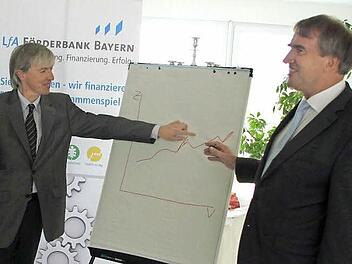 Mit Hilfe der LfA Förderbank Bayern können Unternehmen zinsverbilligte Darlehen erhalten. Das ist für die Firmen eine spürbare Entlastung. Das Bild zeigt (von links): Thomas Engel von der Regierung von Oberfranken sowie den stellvertretenden LfA-Vorstandsvorsitzenden Thies Claussen.   Foto: Friedwald Schedel