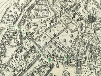 Berühmter Stadtplan von 1602 von Peter Zweidler (Faksimile des Historischen Vereins Bamberg): Der runde Punkt markiert das Mittlere Kaulberg-Torhaus, der Stern markiert den Standort des Gasthauses Kleebaum, wo die Befreiung stattfand. Die Pfeilrichtung zeigt den Fluchtweg der Befreier.