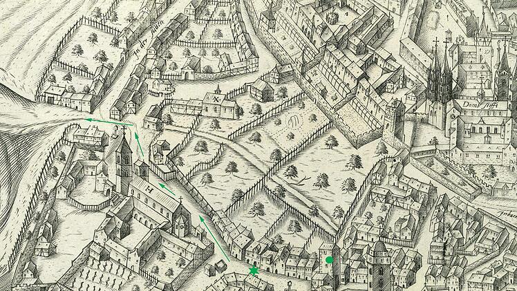 Berühmter Stadtplan von 1602 von Peter Zweidler (Faksimile des Historischen Vereins Bamberg): Der runde Punkt markiert das Mittlere Kaulberg-Torhaus, der Stern markiert den Standort des Gasthauses Kleebaum, wo die Befreiung stattfand. Die Pfeilrichtung zeigt den Fluchtweg der Befreier.