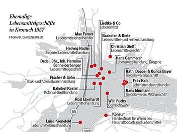 Quer über die gesamte Stadt waren Lebensmittelgeschäfte 1957 verteilt. Was auffällt: Die Obere Stadt war besonders gut vertreten. FT-Grafik: Carolin Höfler