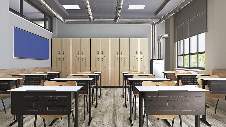 Viel Platz benötigen Lüftungsgeräte im Klassenzimmer nicht (hinten rechts). Die Lüftungsrohre verlaufen an der Decke.