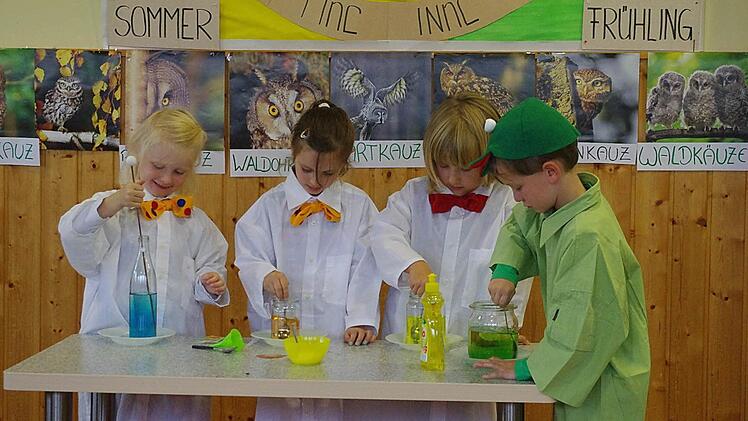 Die kleinen Forscher (von links): Katharina, Paulina, Hannah und Max bauten einen Farben-Vulkan.