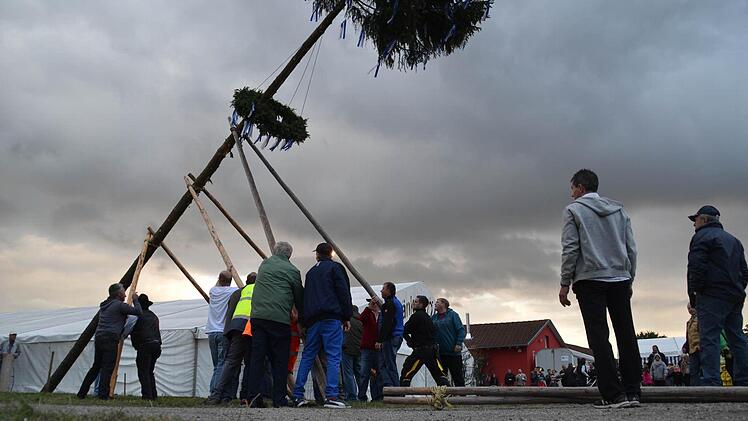 Kein Kirmeswetter: Dunkle Wolken hängen am Samstagabend über Wollbach, als der Plobaum aufgestellt wird. Doch weder die Helfer noch die Zuschauer lassen sich davon vertreiben. Foto: Kathrin Kupka-Hahn