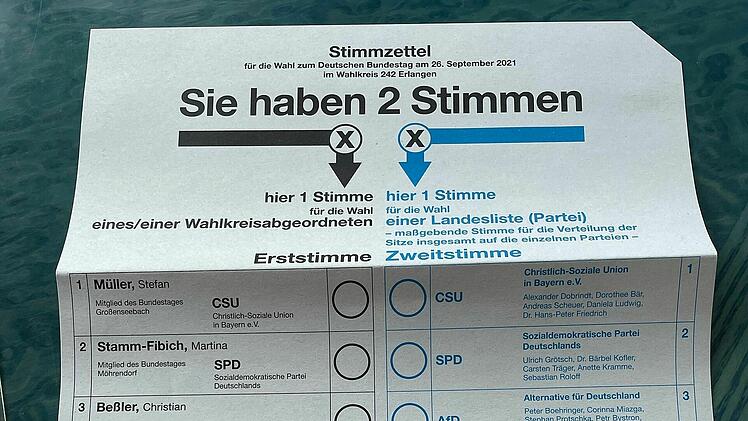 Stimmzettel zur Bundestagswahl 2021 im Wahlkreis Erlangen