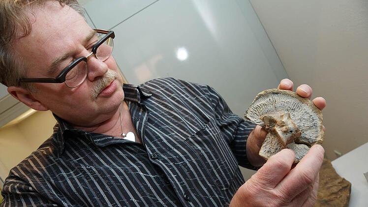 Jürgen Sell mit einem versteinerten Wirbel