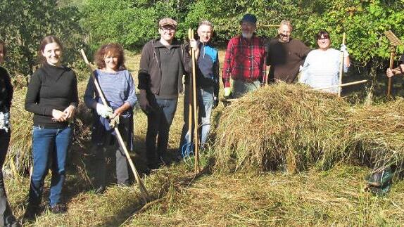 Aktive Naturschützer halfen bei den Mäh- und Räumarbeiten auf dem naturschutzfachlich wertvollen Nassangerbiotop mit, um den Lebensraum seltener Vogelarten zu erhalten. BN-Kreisvorsitzender Anton Reinhardt (rechts) sowie weitere Mitglieder und Helfer des Bundes Naturschutz freuten sich nach getaner Arbeit über die wieder freigelegten Teilbereiche dieses Areals. Foto: Anton Reinhardt
