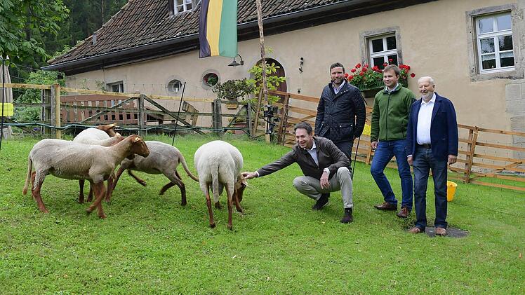 Ehrenb&uuml;rger Wolfgang Dultz, Sch&auml;fer Tristan Wolf, B&uuml;rgermeister Martin Finzel, Ehrenb&uuml;rger Michael Stoschek (von rechts), der Bock "Carl" streichelt. Foto: Gemeinde Ahorn