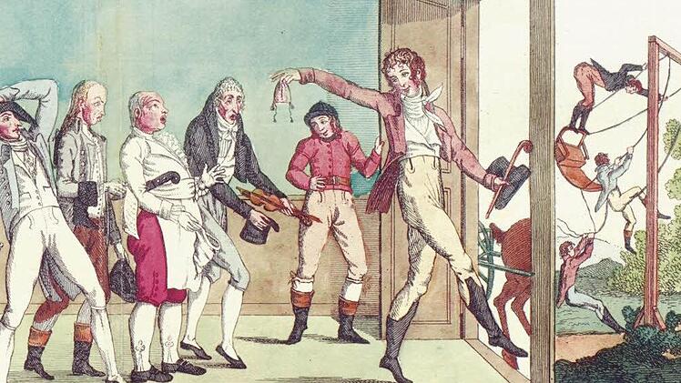 Pariser Modekarikaturen 1801 im Journal des Luxus und der Moden. Reproduktionen: Museum