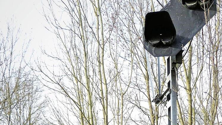 Helmut Lutz zeigt auf das nach wie vor bestehende Vorsignal an der Bahnstrecke, das durchaus auch als Relikt längst vergangener Zeiten stehen bleiben könnte. Foto: Werner Reißaus