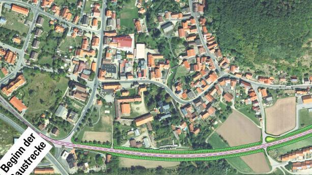 So k&ouml;nnte nach den Vorstellungen des Staatlichen Bauamts die Trasse der Ortsumgehung in Ebelsbach verlaufen. Grafik: Staatliches Bauamt Schweinfurt