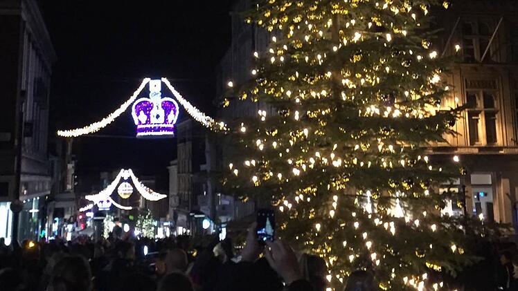 Begeisterter Applaus, als erstmals die Lichterketten am Coburger Weihnachtsbaum vor Schloss Windsor eingeschaltet werden. Die Tanne stammt aus dem herzoglichen Callenberger Forst. Foto: Michael Selzer