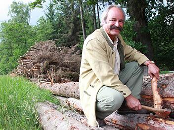 In dem Haufen aus Baumkronen hinter Gunter Hahner hat sich der Kupferstecher breit gemacht. Die Baumstämme der Fichte sind vom Buchdrucker befallen. Das Holz muss so schnell wie möglich aus dem Wald geschafft werden, damit die Borkenkäfer nicht noch mehr Schaden anrichtet. Die Wärme und Trockenheit bieten ihnen im Moment die besten Bedingungen sich zu vermehren. Foto: Carmen Schmitt
