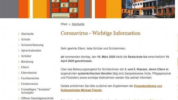 Die Schulen haben auf ihren Webseiten Informationen zum Coronavirus. Aktuell war am Freitag die Realschule, auch mit dem Hinweis auf zeitnahe Information hinsichtlich einer möglichen Betreuung.  Screenshot: FT