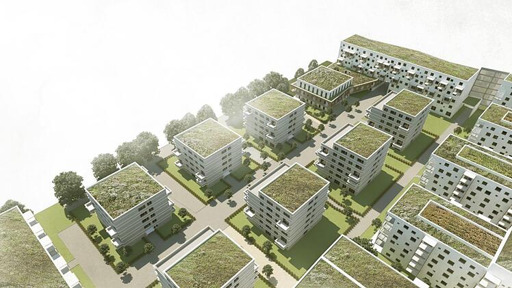 Die begrünten Dächer im Philosophenviertel sollen dazu beitragen, das Mikro-Klima in der Stadt Forchheim stabil zu halten.  Grafik: O. Schuh, planwerkstatt.Architekten
