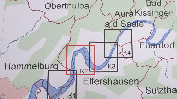Der Neufestsetzung des Überschwemmungsgebiet im Bereich Elfershausen (rotes Quadrat) stimmte der Gemeinderat zu. Das Landratsamt legt die Flächen noch fest.