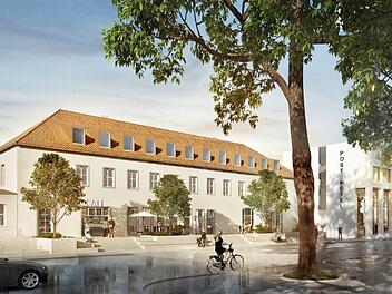 Blick vom Bahnhofsgebäude auf das neue Quartier: Links das revitalisierte Postgebäude und rechts das neue Posthotel. Urheber: RKW Architektur+/ Quelle: Sontowski & Partner Group