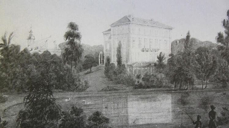 Carl Theodor von Buseck: "Schloß Burgellern mit Weiher, einem Spaziergänger und einem angelnden Mohren"