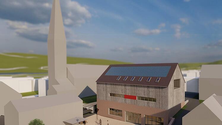 Die Rückseite des geplanten Steinacher Feuerwehrhauses mit Festplatz. Animation: Architekturbüro Richter