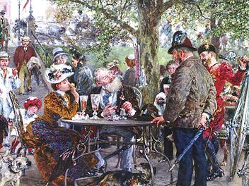 Auf dem Bild "Biergarten in Kissingen" wurde vom Künstler ein Hochrad detailgetreu gemalt. Foto (Kunstdruck): Adolph von Menzel