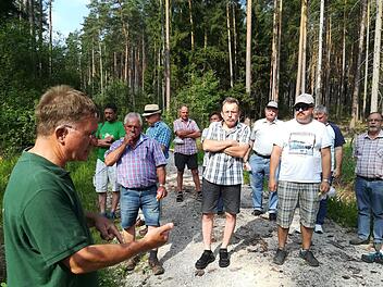 Förster Erich Daum erläutert den Gästen von der Forstbetriebsgemeinschaft Westmittelfranken gelungene Waldumbaumaßnahmen im Staatswald. Foto:  Mathias Erlwein