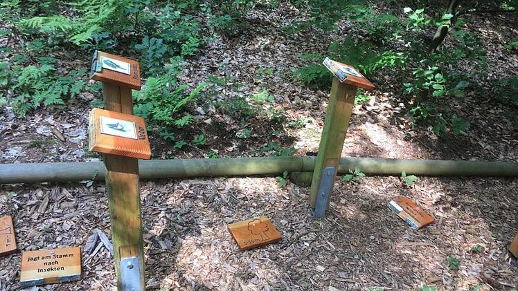 25 solcher Informationstafeln haben Unbekannte vermutlich in der Nacht zum Samstag am Naturlehrpfad abgerissen.Foto: Carmen Hombach
