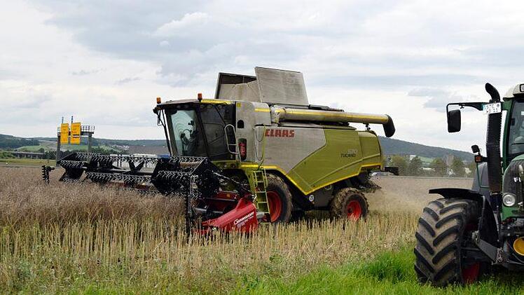 Beginn der Rapsernte in einem Feld bei Seubelsdorf. Der Claas-Mäher "Tucano 570" kann 9000 Liter Erntegut fassen, hat eine Breite von neun Metern und 365 PS.