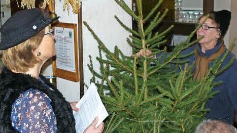 Hanna Rattler (rechts) und Irmgard Holhut zeigten, wie frau eine Riesenzwergtanne für 78 Euro als Biochristbaum anbringt. Foto: Klaus-Peter Wulf