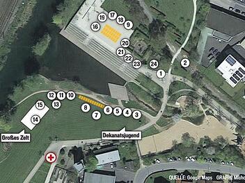 Beim Dekanatskirchentag auf dem ehemaligen LGS-Gelände in Kronach gibt es viel zu entdecken. Mehr als 20 Stände sind vorgesehen. Quelle: Google Maps/Grafik: Micho Haller