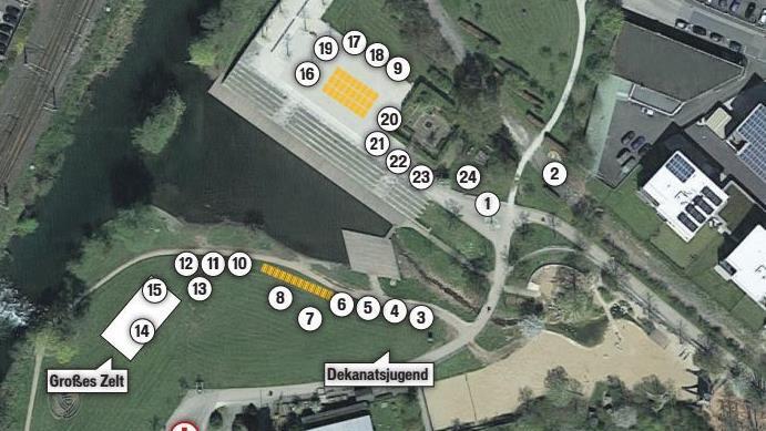 Beim Dekanatskirchentag auf dem ehemaligen LGS-Gelände in Kronach gibt es viel zu entdecken. Mehr als 20 Stände sind vorgesehen. Quelle: Google Maps/Grafik: Micho Haller