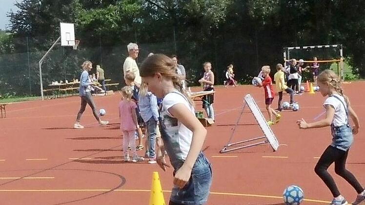 Viel Spaß hatten die Grundschüler in Pressig an der Aktion BallHelden. Dabei zeigten sie Ballgefühl und Geschicklichkeit. Fotos: Karl-Heinz Hofmann