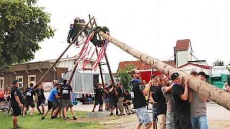 Die Kerwasbuam stellen den 27 Meter langen Baum auf. Foto: Johanna Blum