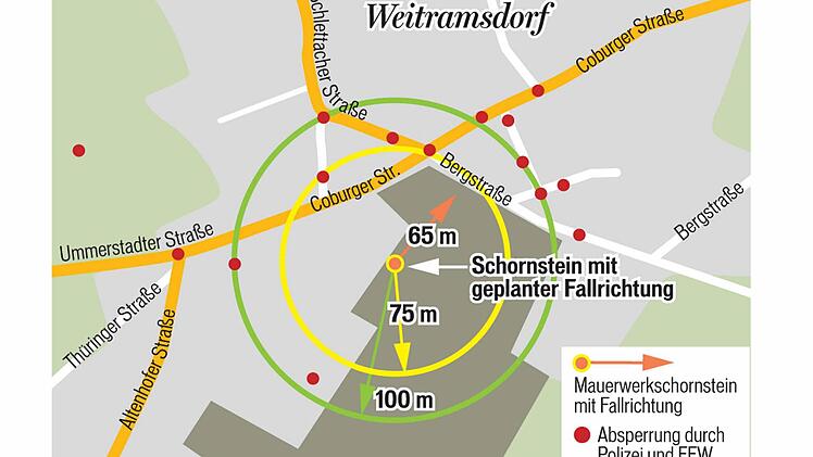 Der Plan zur Sprengung in Weitramsdorf zeigt das abgesperrte Gebiet und den Radius der erwarteten Druckwelle. Grafik: Dietmar Rothe