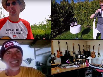 Quartett mit Leidenschaft für fränkisches Bier: Horst Meixner ("Der Franke"), Harry Davids, Ferdinand Förster und Claus Mathias (von links oben im Uhrzeigersinn) im Video zu "Bier im Bluud". Das Video findet sich auf YouTube.