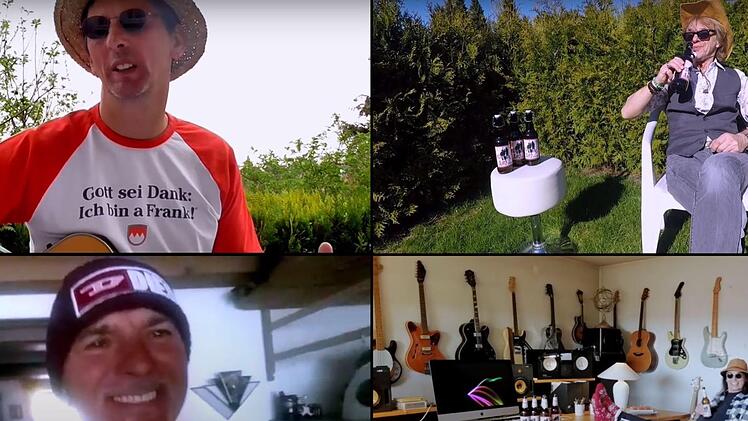 Quartett mit Leidenschaft für fränkisches Bier: Horst Meixner ("Der Franke"), Harry Davids, Ferdinand Förster und Claus Mathias (von links oben im Uhrzeigersinn) im Video zu "Bier im Bluud". Das Video findet sich auf YouTube.
