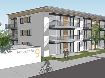 So wird der Neubau  in der Mittelstraße einmal aussehen. Es entstehen insgesamt 18 Wohnungen auf einem 1925 Quadratmeter großen Grundstück. Die Wohnungsgrößen liegen zwischen 60 und 85 Quadratmeter, Schwerpunkt  sind Single-Wohnungen.  Alle sollen  barrierefrei  erreicbar sein  und über Balkon oder Terrasse verfügen. Repro: Karl-Heinz Hofmann