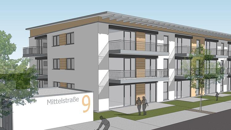 So wird der Neubau  in der Mittelstraße einmal aussehen. Es entstehen insgesamt 18 Wohnungen auf einem 1925 Quadratmeter großen Grundstück. Die Wohnungsgrößen liegen zwischen 60 und 85 Quadratmeter, Schwerpunkt  sind Single-Wohnungen.  Alle sollen  barrierefrei  erreicbar sein  und über Balkon oder Terrasse verfügen. Repro: Karl-Heinz Hofmann