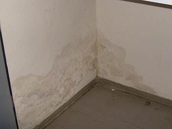 Wasserflecken, eine gesperrte Küche und eine beschädigte Malecke; die Verhältnisse im Kindergarten sind zum Teil desaströs. Fotos: Petra Malbrich