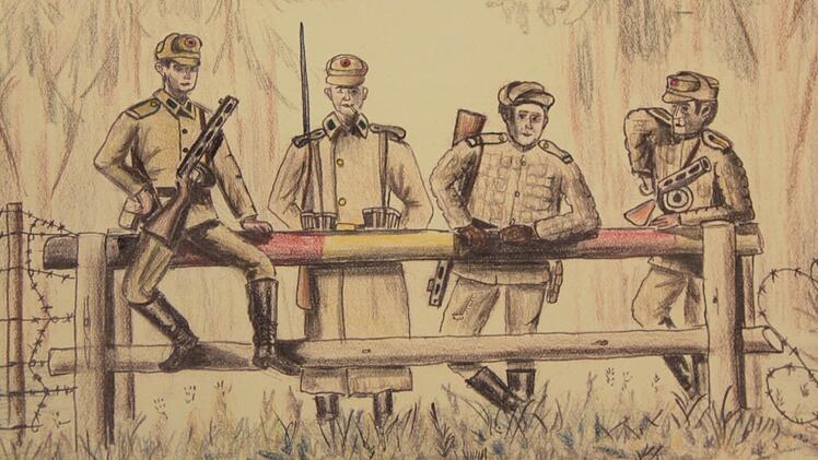 So zeichnete ein BGS-Beamter 1955 "die Kumpels von der anderen Feldpostnummer", also die DDR-Grenzpolizisten.